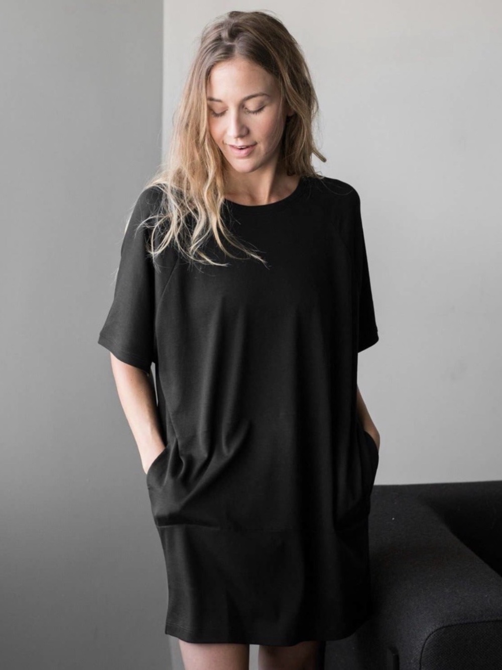 Lunya Black Stripe Cool Paneled Short Dress Relaxed Side Pockets Lounge Size XS